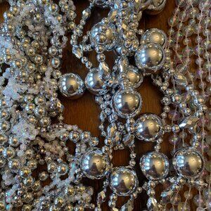 Vintage Silver & Clear Beaded Christmas Tree Garland 3 Strands 9 & 12 Ft Holiday